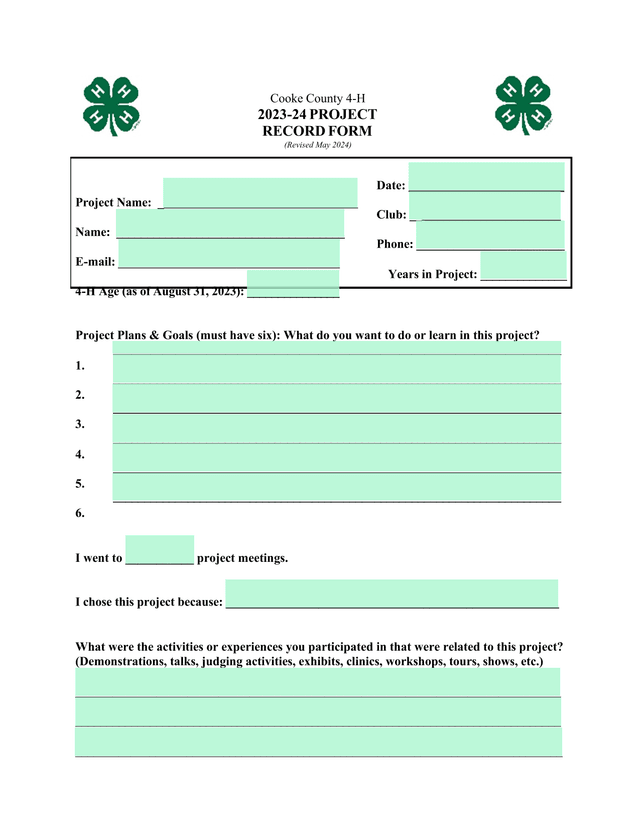 Cooke County 4 H 2023 24 Project Record Form screenshot