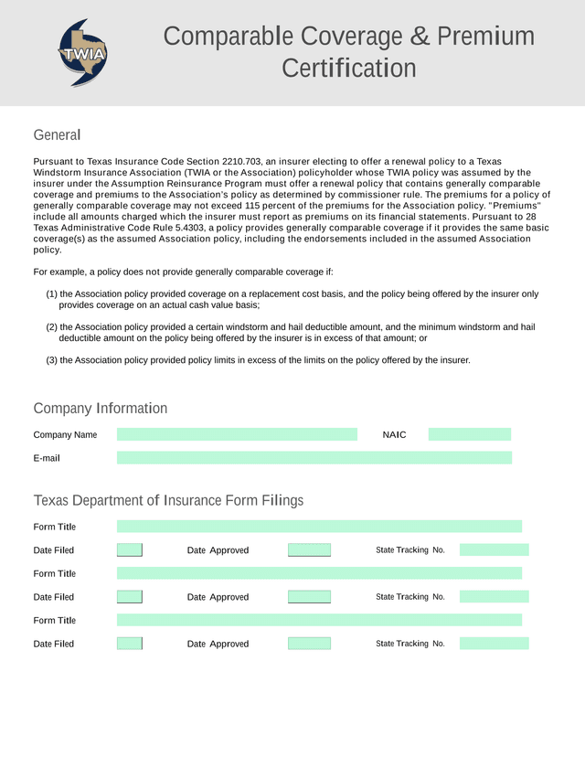 Comparable Coverage  Premium Certification screenshot
