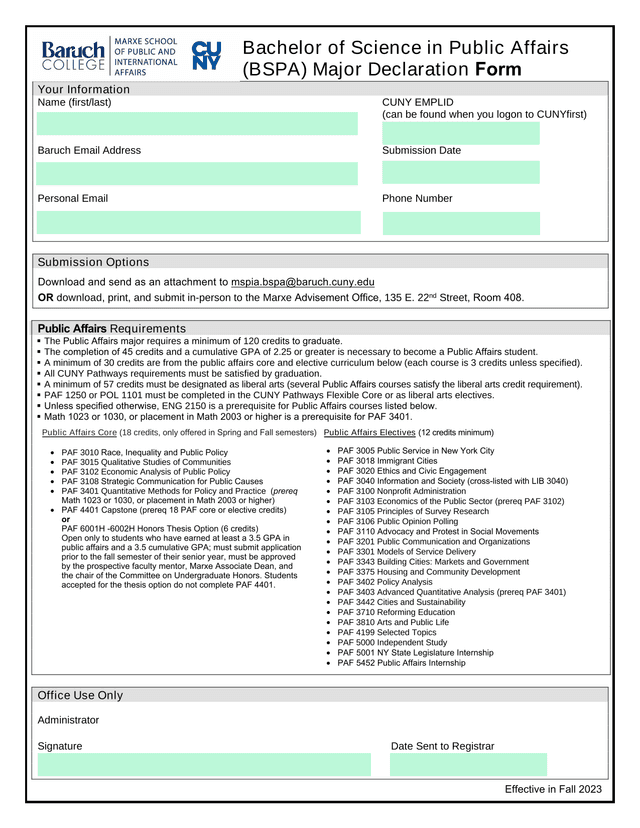 Bachelor Of Science In Public Affairs (BSPA) Major Declaration Form screenshot