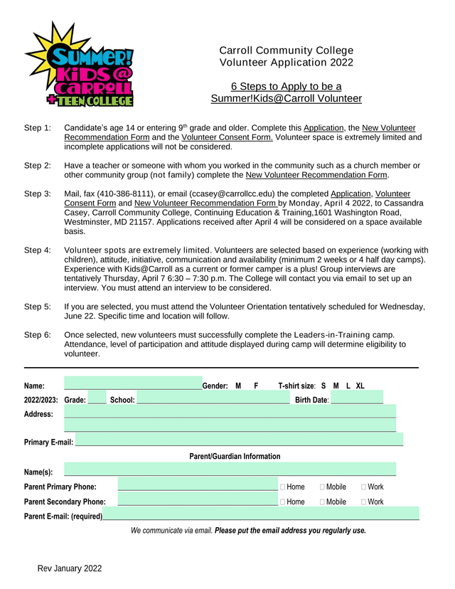 Carroll Community College Volunteer Application 2022 screenshot