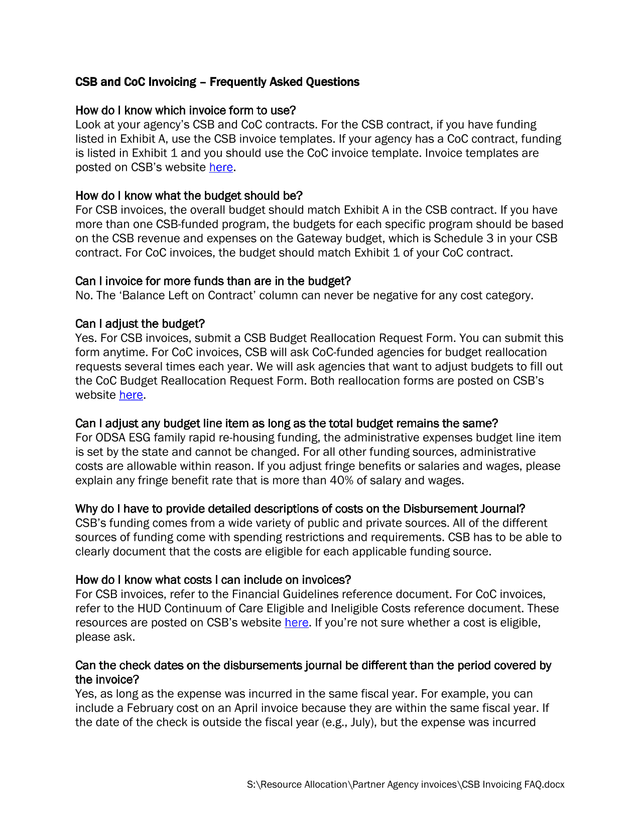 CSB And CoC Invoicing  Frequently Asked Questions screenshot