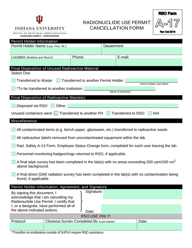 Radionuclide Use Permit Cancellation Form screenshot
