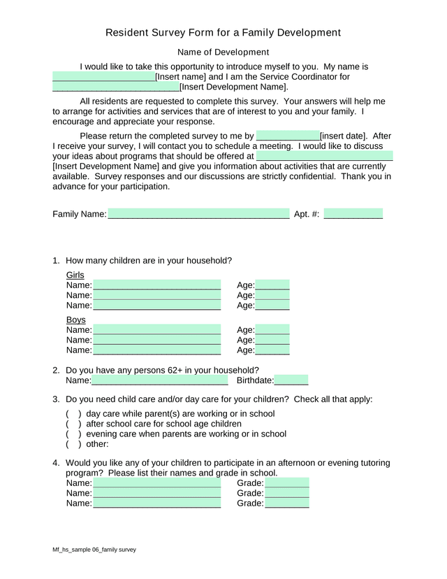 Resident Survey Form For A Family Development screenshot