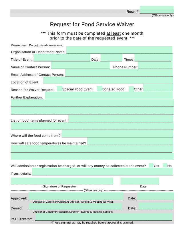Request For Food Service Waiver screenshot