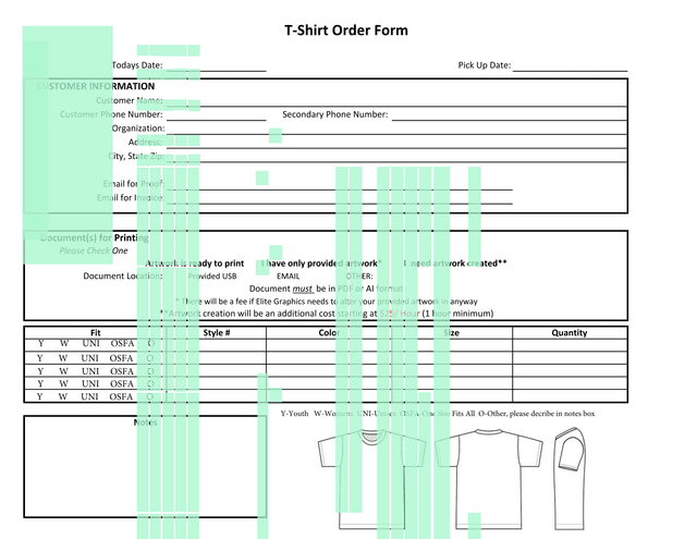 T Shirt Order Form screenshot