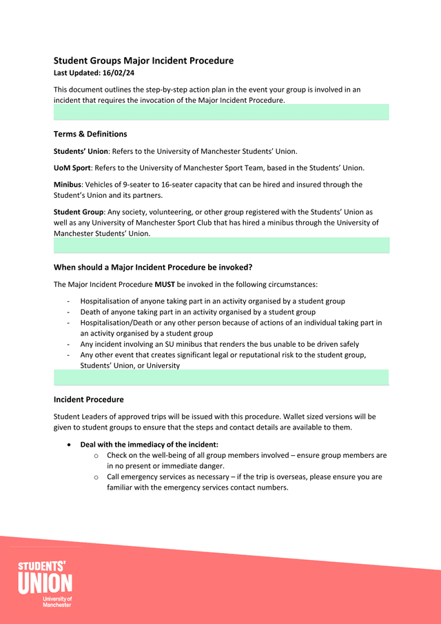 Student Groups Major Incident Procedure screenshot