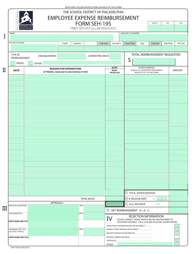 EMPLOYEE EXPENSE REIMBURSEMENT FORM SEH 195 screenshot