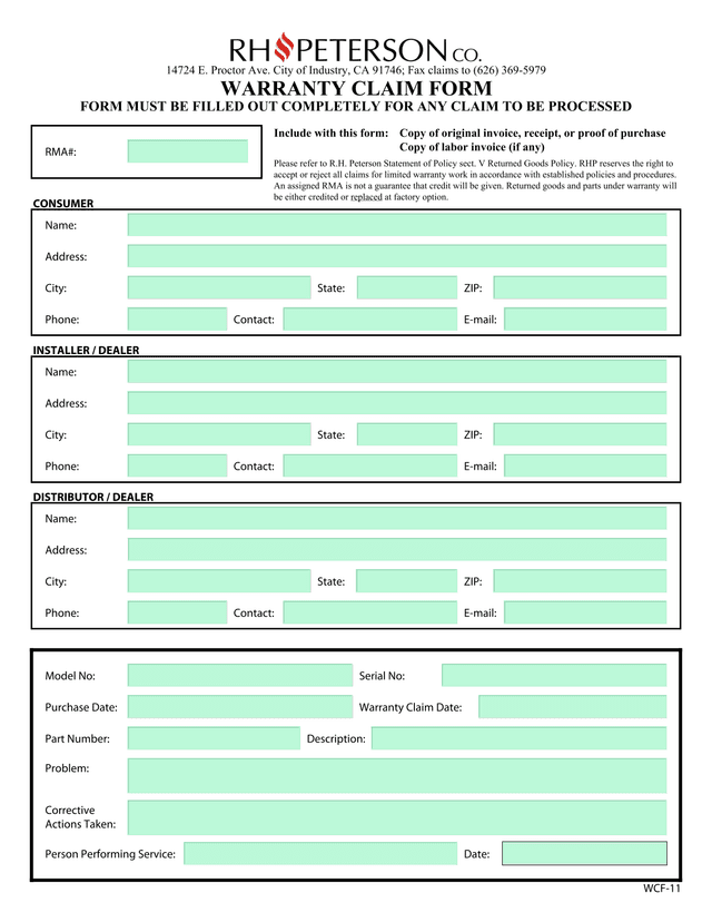 Warranty Claim Form screenshot