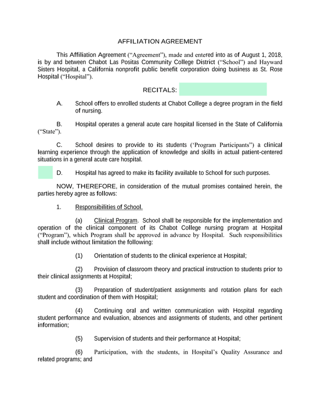 Affiliation Agreement screenshot