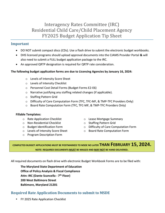 Interagency Rates Committee (IRC) Residential Child CareChild Placement Agency FY2025 Budget Applica screenshot