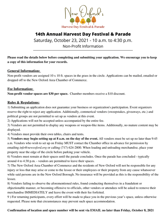 14th Annual Harvest Day Festival  Parade Non Profit Vendor Application screenshot
