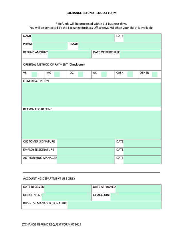 EXCHANGE REFUND REQUEST FORM screenshot