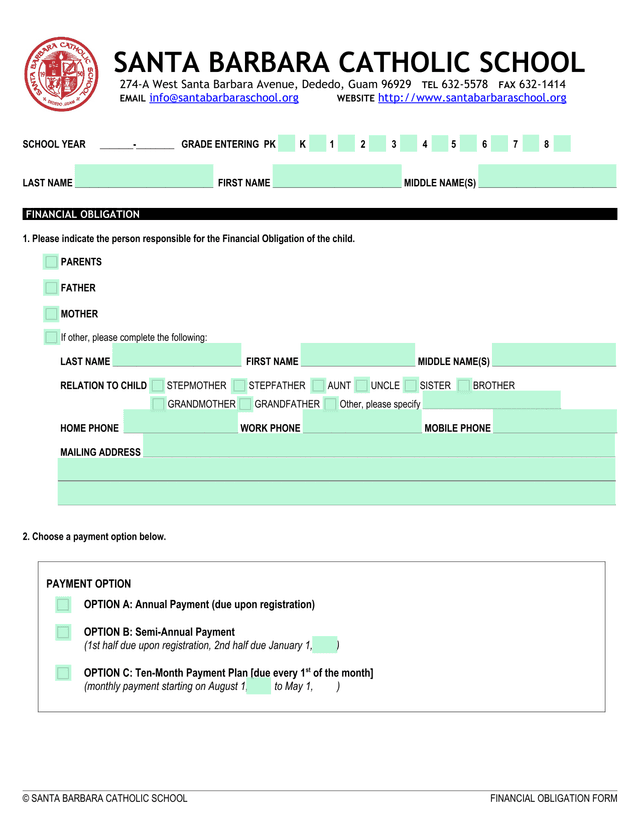 SANTA BARBARA CATHOLIC SCHOOL FINANCIAL OBLIGATION FORM screenshot