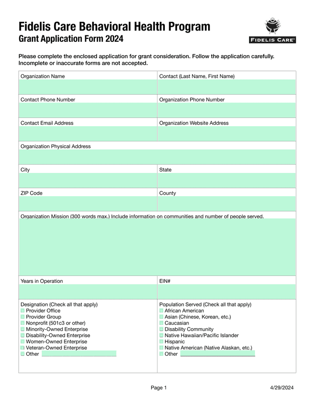 Fidelis Care Behavioral Health Program Grant Application Form 2024 screenshot