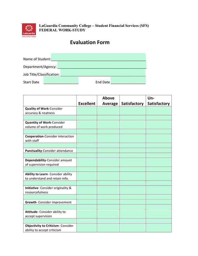 Federal Work Study Evaluation Form screenshot