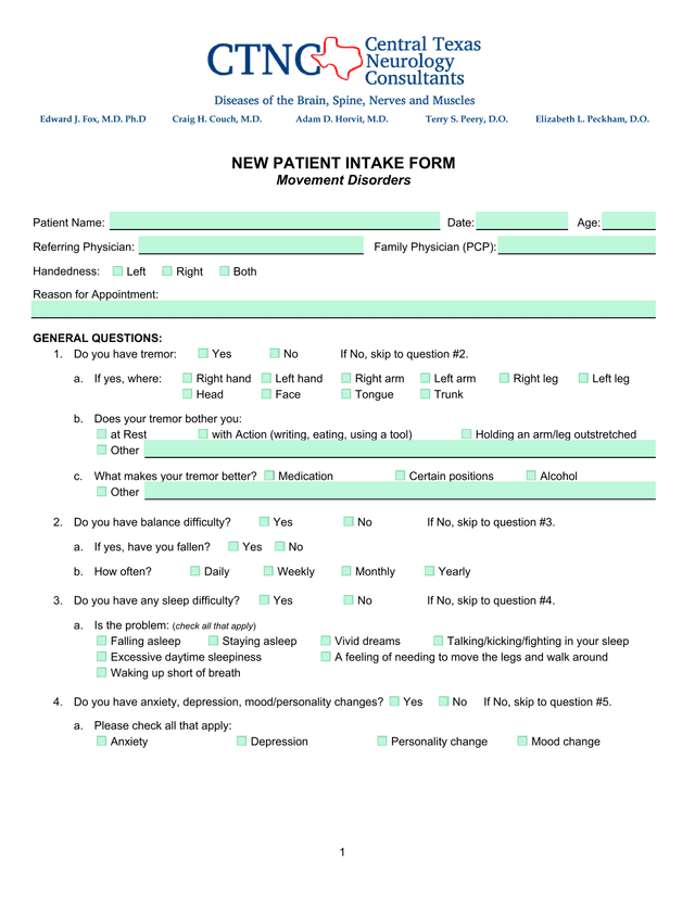 NEW PATIENT INTAKE FORM Movement Disorders screenshot