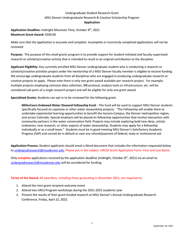 Undergraduate Student Research Grant Application screenshot