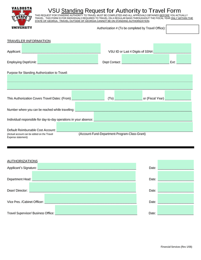 VSU Standing Request For Authority To Travel Form screenshot