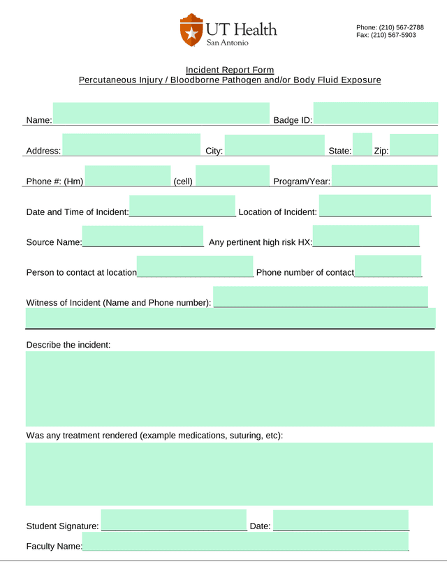Incident Report Form   Percutaneous Injury  Bloodborne Pathogen AndOr Body Fluid Exposure screenshot