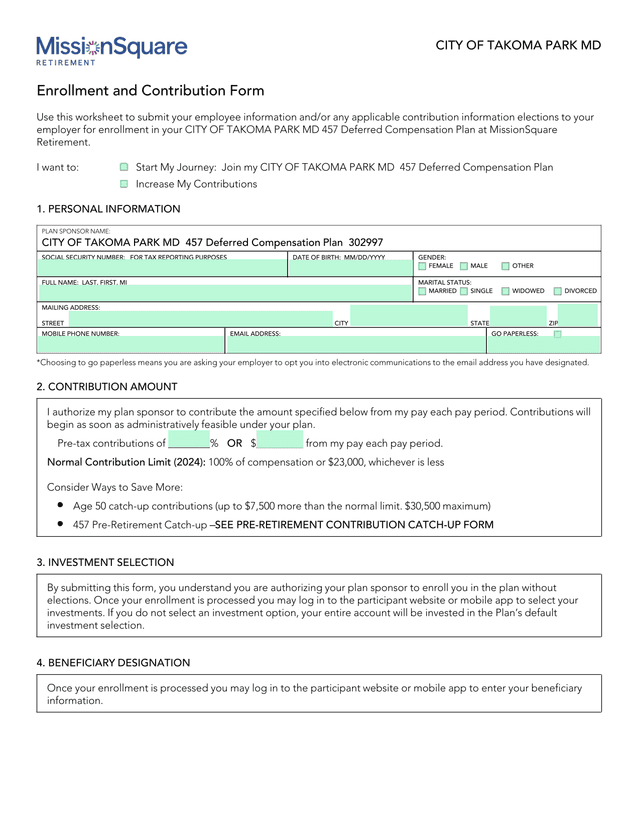 City Of Takoma Park MD Enrollment And Contribution Form screenshot