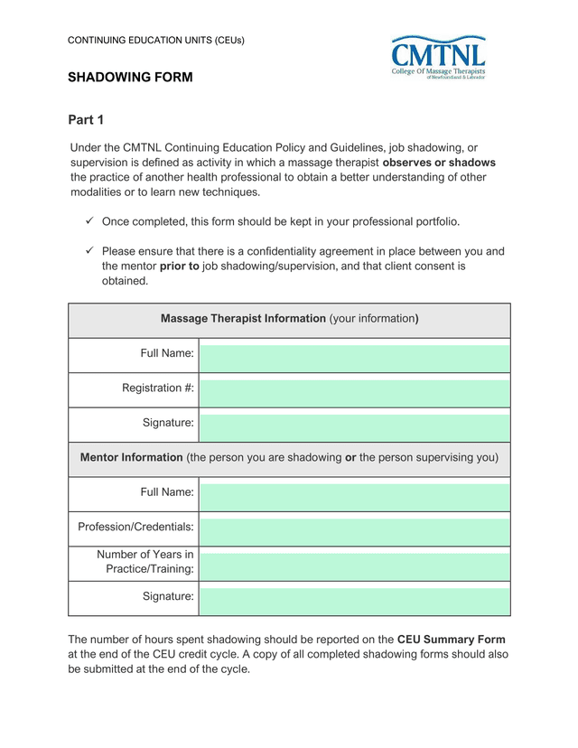 CONTINUING EDUCATION UNITS (CEUs) SHADOWING FORM screenshot