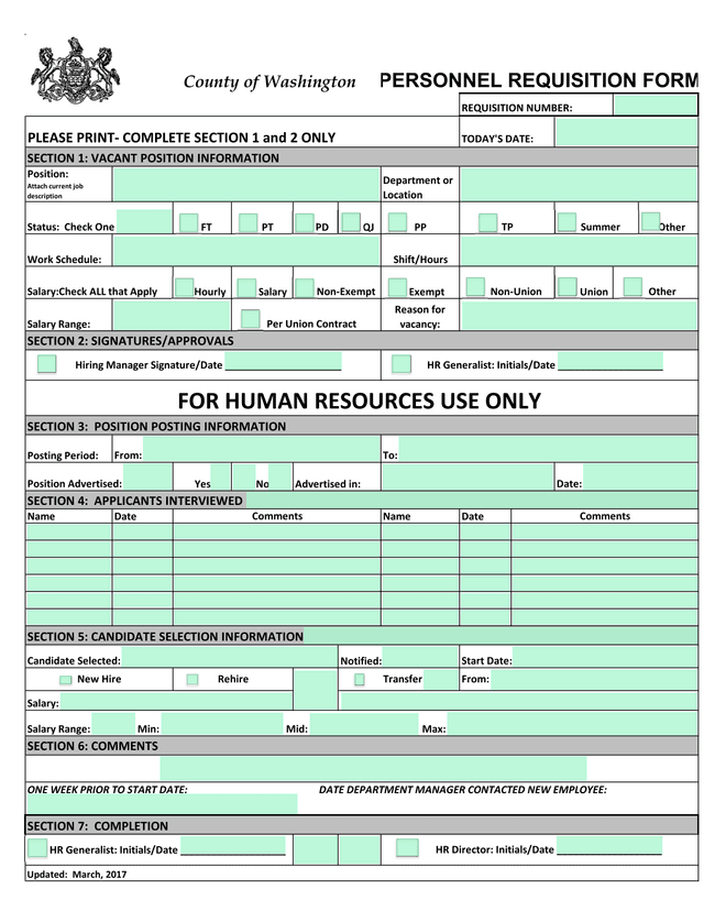 Personnel Requisition Form screenshot