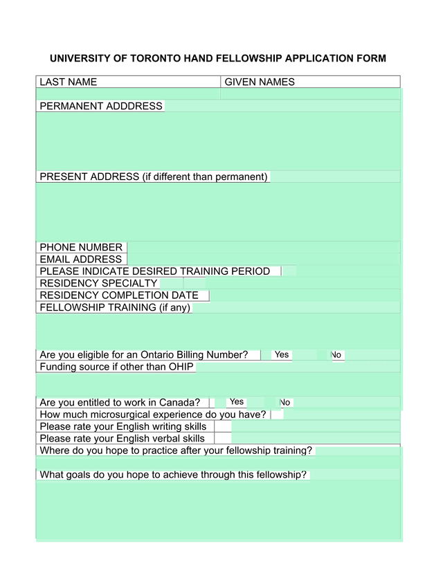 University Of Toronto Hand Fellowship Application Form screenshot