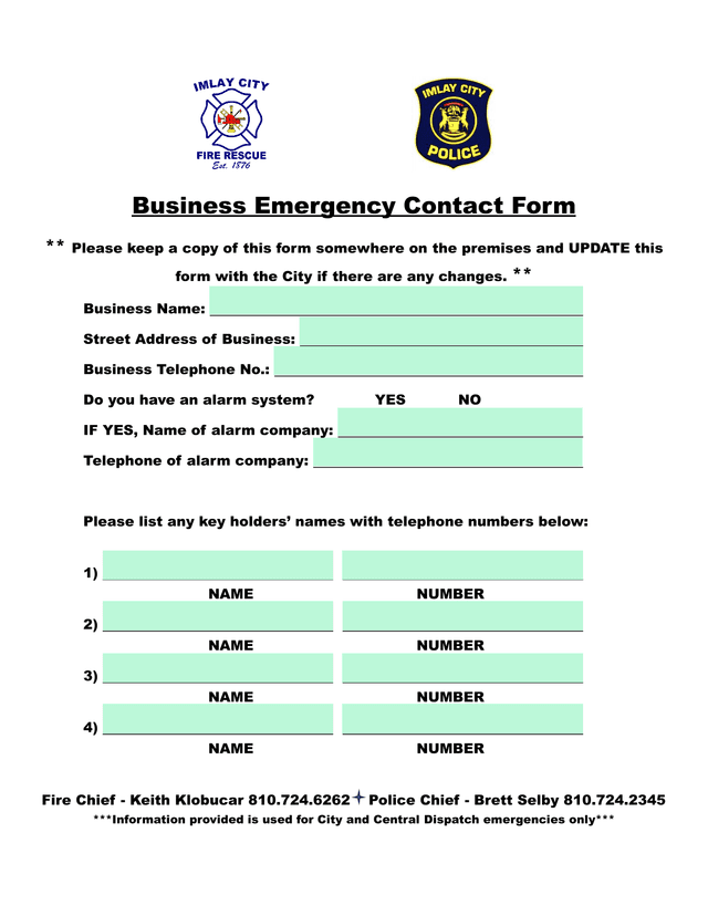 Business Emergency Contact Form screenshot
