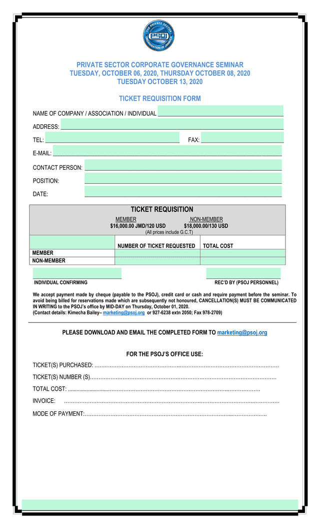 PRIVATE SECTOR CORPORATE GOVERNANCE SEMINAR TICKET REQUISITION FORM screenshot