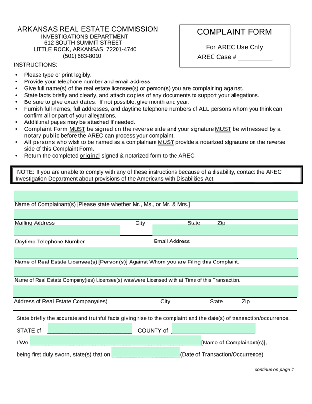 Arkansas Real Estate Commission Complaint Form screenshot