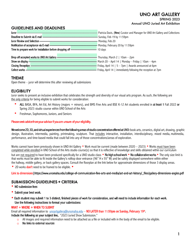 UNO Art Gallery Spring 2023 Annual Juried Art Exhibition Guidelines screenshot