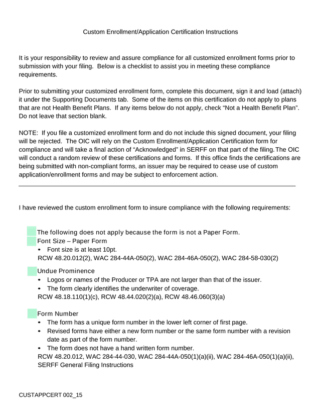 Custom EnrollmentApplication Certification Instructions screenshot