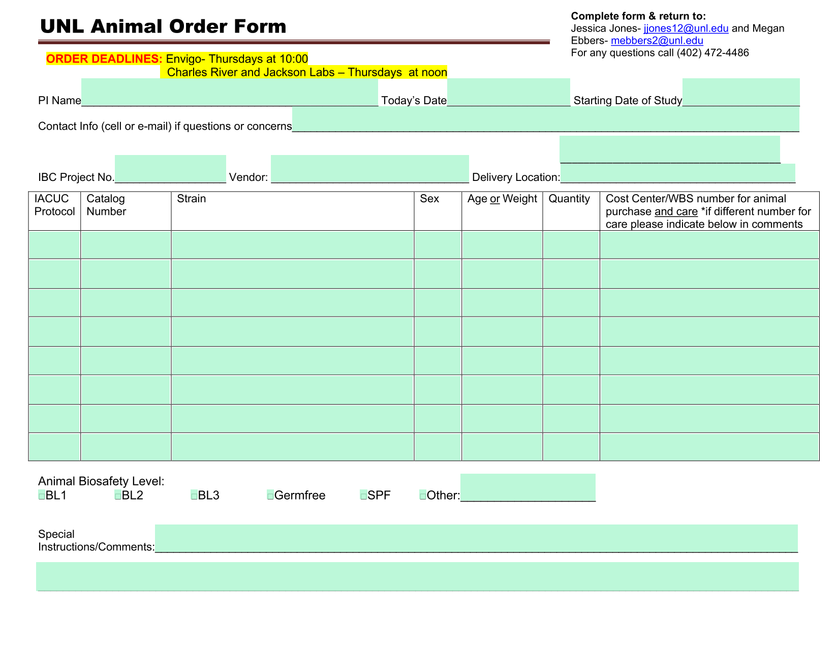 UNL Animal Order Form screenshot
