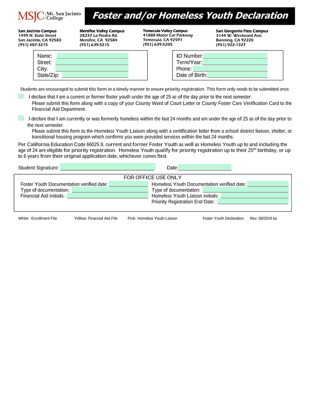 Foster AndOr Homeless Youth Declaration screenshot
