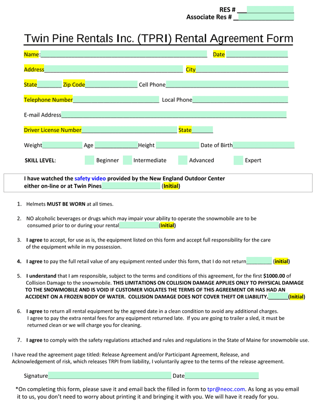 Snowmobile Rental Agreement screenshot