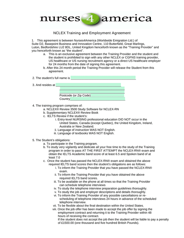 NCLEX Training And Employment Agreement screenshot