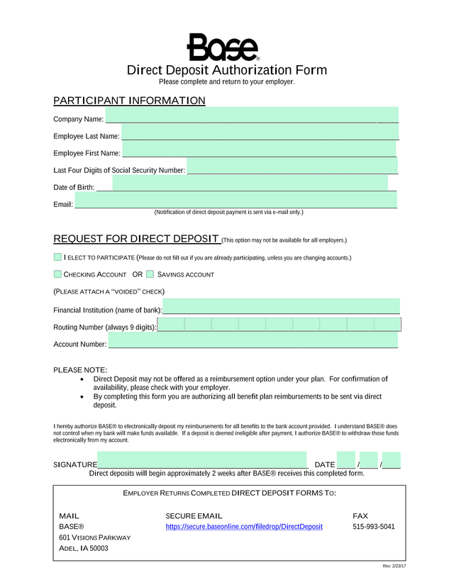 Direct Deposit Authorization Form screenshot
