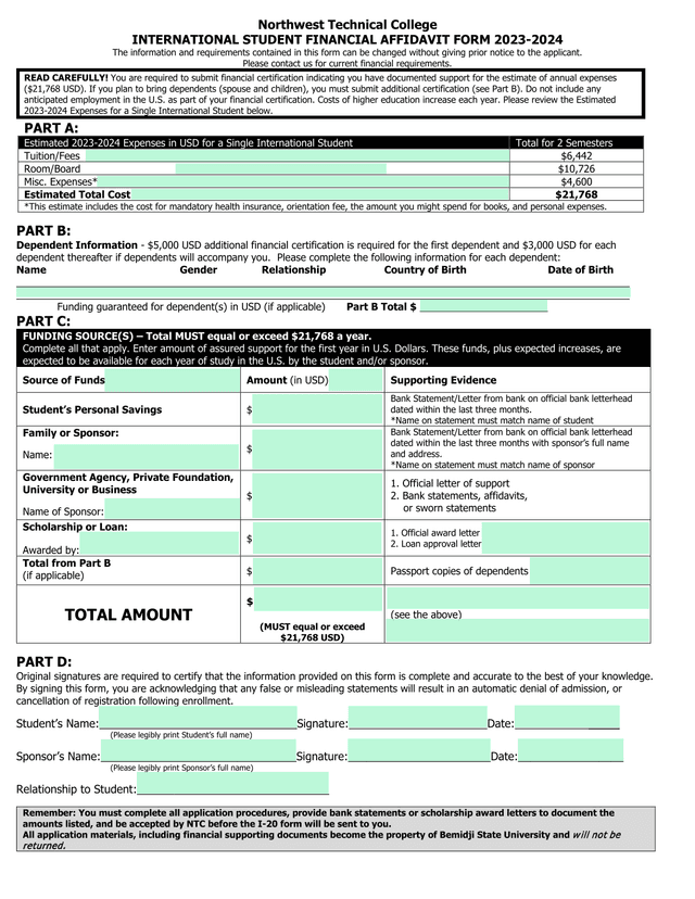 International Student Financial Affidavit Form 2023 2024 screenshot