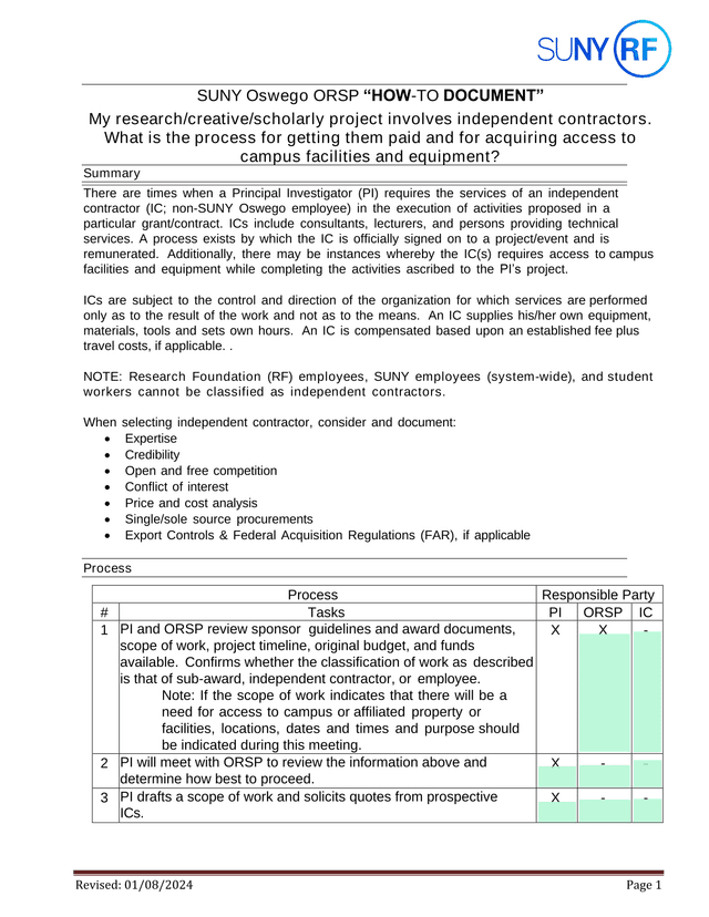 SUNY Oswego ORSP HOW TO DOCUMENT screenshot