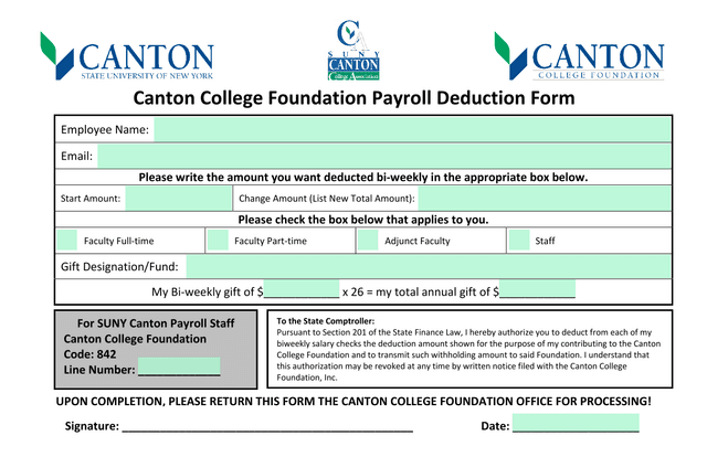 Canton College Foundation Payroll Deduction Form screenshot