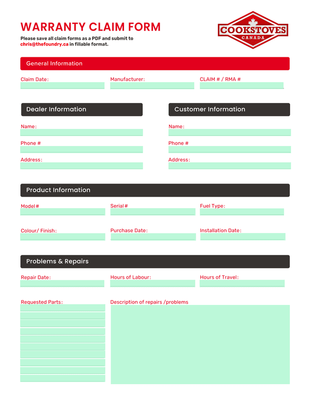 WARRANTY CLAIM FORM screenshot