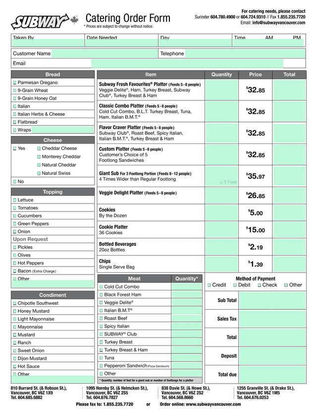 Catering Order Form screenshot