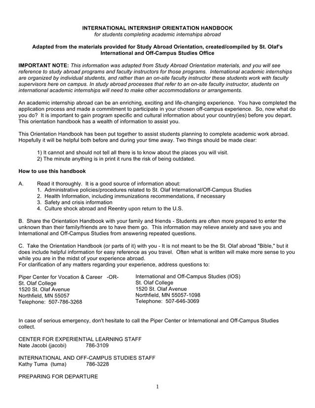 International Internship Orientation Handbook screenshot