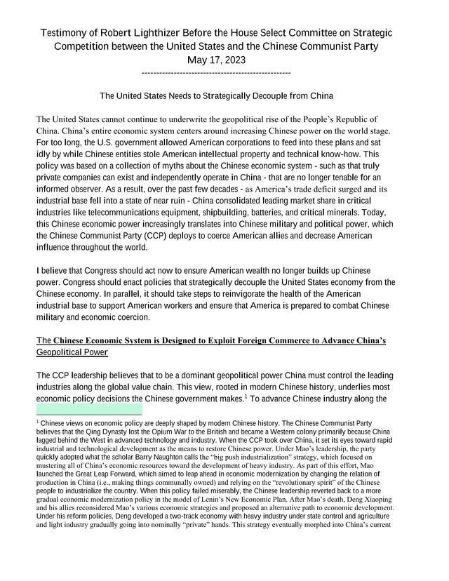 Testimony Of Robert Lighthizer Before The House Select Committee On Strategic Competition Between Th screenshot
