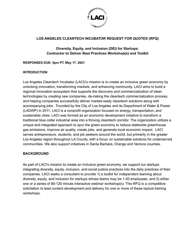 Los Angeles Cleantech Incubator Request For Quotes (RFQ) screenshot