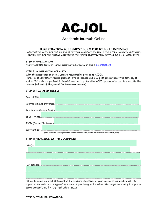REGISTRATION AGREEMENT FORM FOR JOURNAL INDEXING screenshot