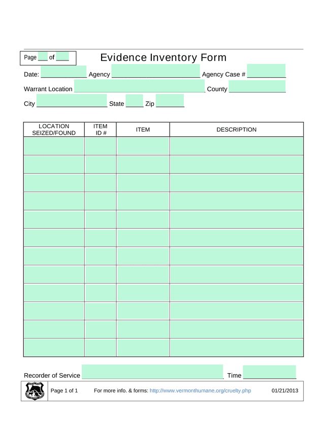 Evidence Inventory Form screenshot