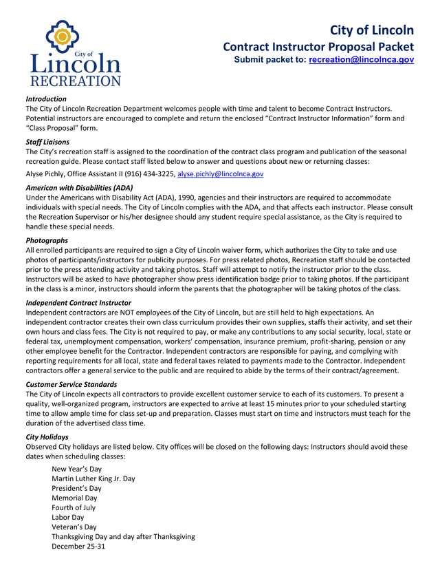City Of Lincoln Contract Instructor Proposal Packet screenshot