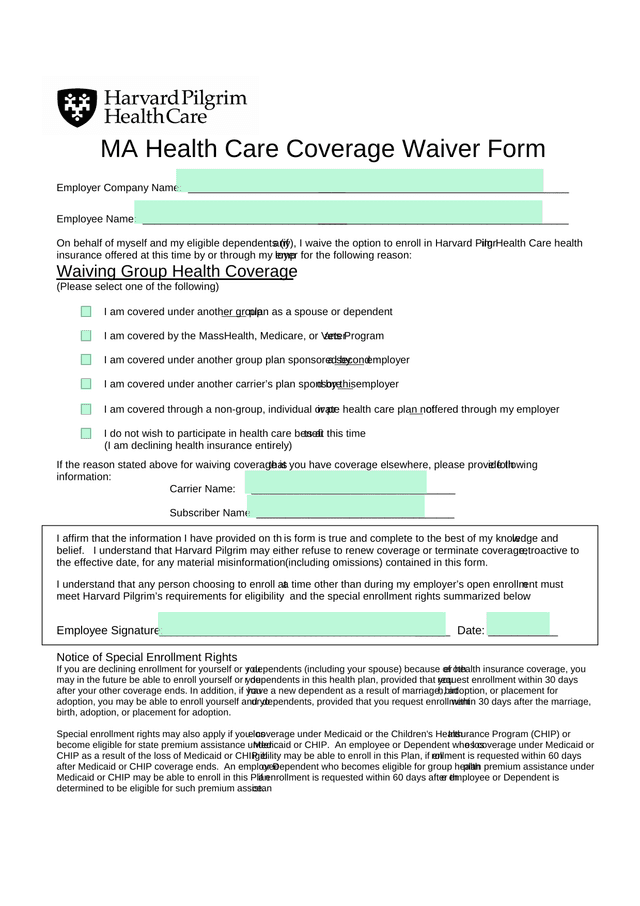 MA Health Care Coverage Waiver Form screenshot