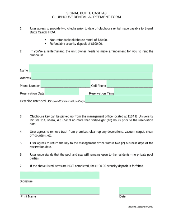 Signal Butte Casitas Clubhouse Rental Agreement Form screenshot